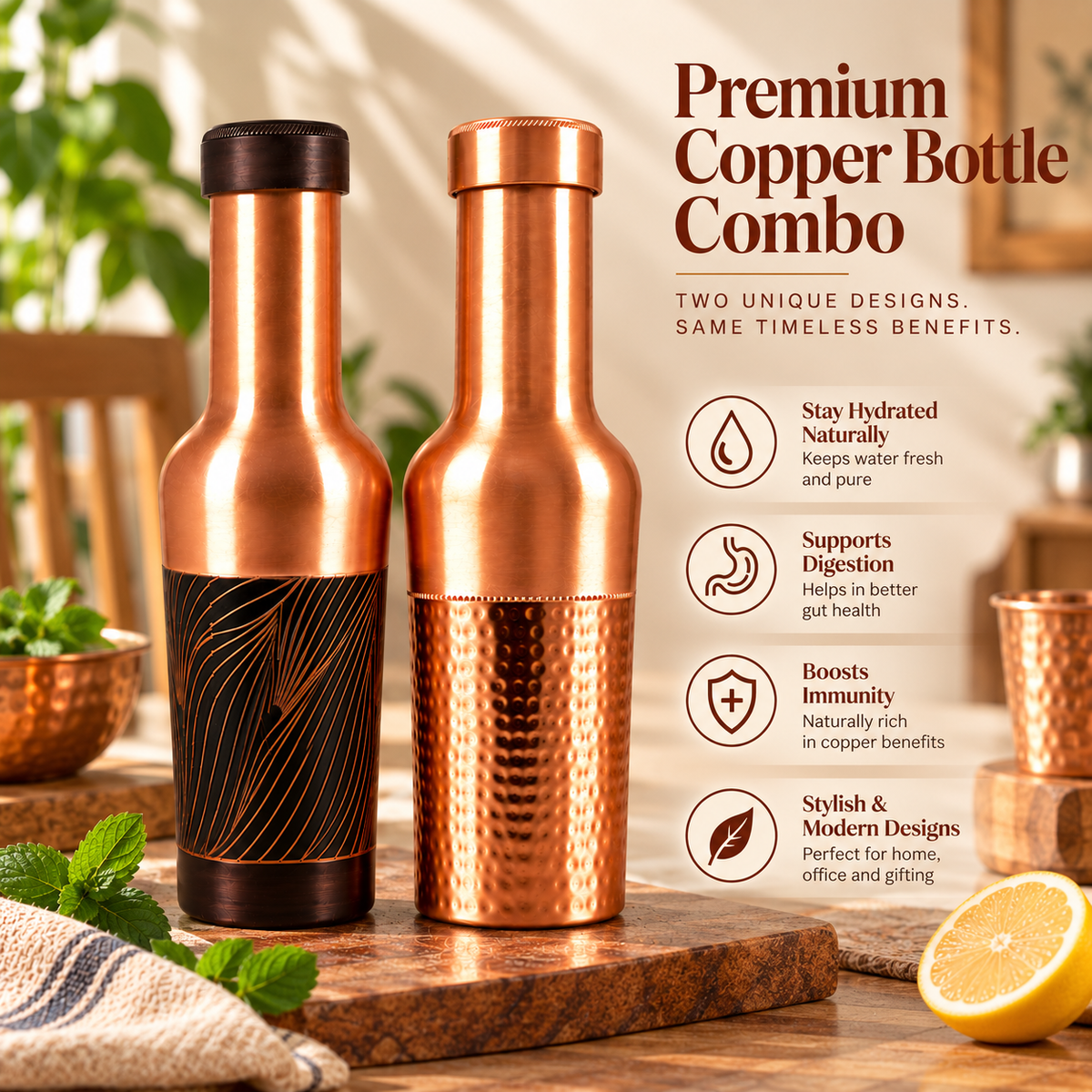 Tamtaware Premium Pure Copper Water Bottle Combo (Set of 2, 950 ml Each) – Half-Hammered & Etched Designer