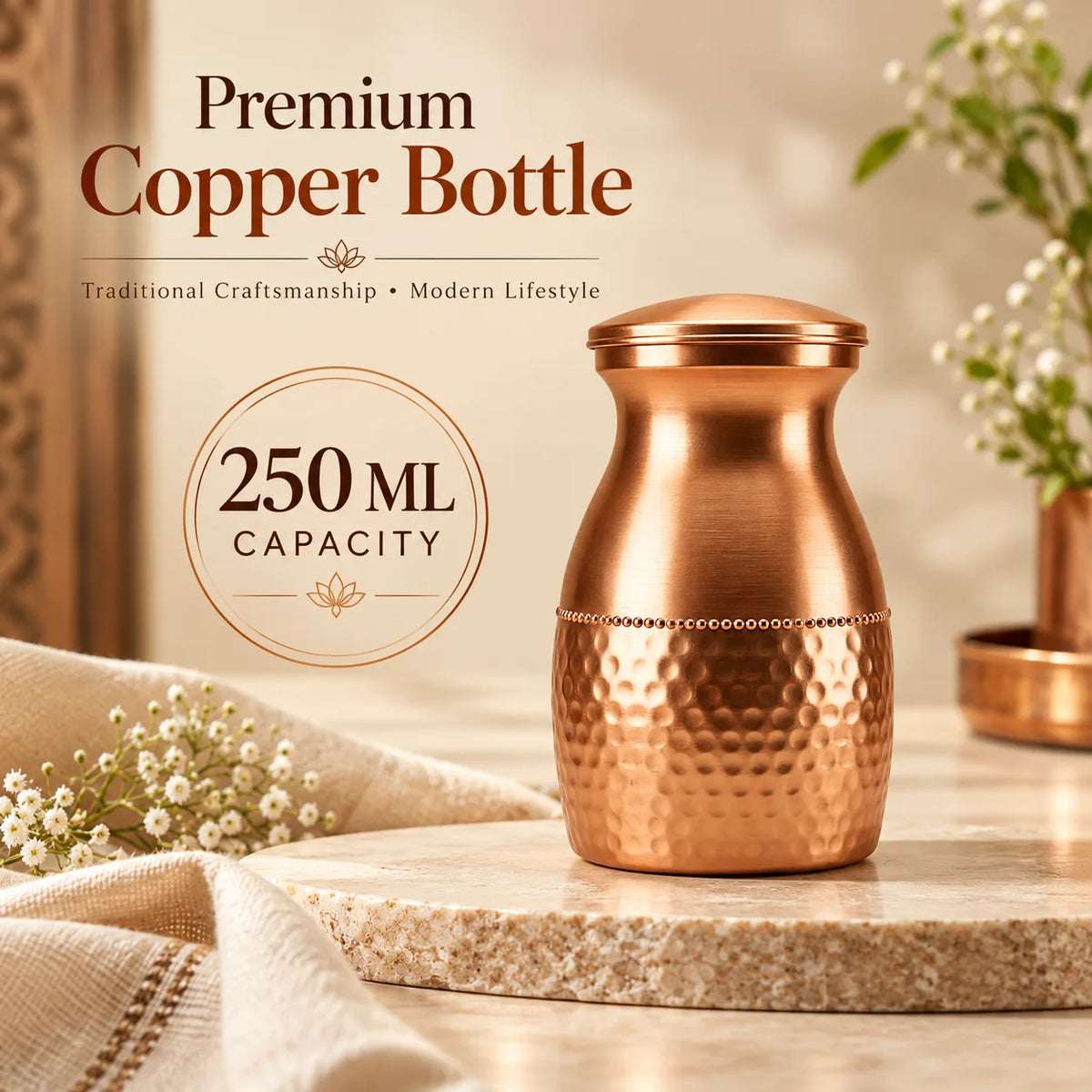 Tamtaware Compact Pure Copper Water Bottle 400 ml – Half Hammered Surai Bottle