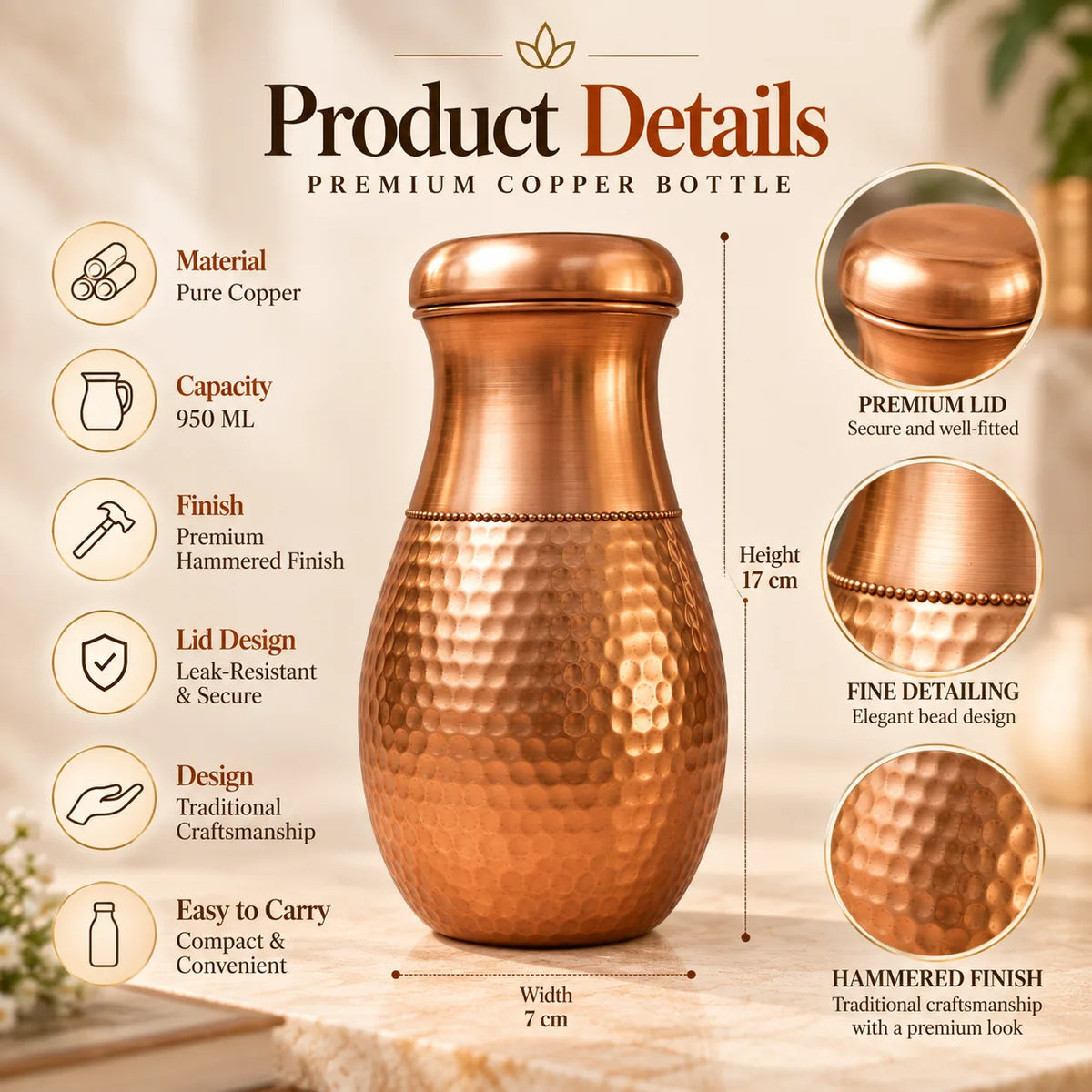Tamtaware Handcrafted Pure Copper Water Bottle 950 ml – Half Hammered Surai Bottle