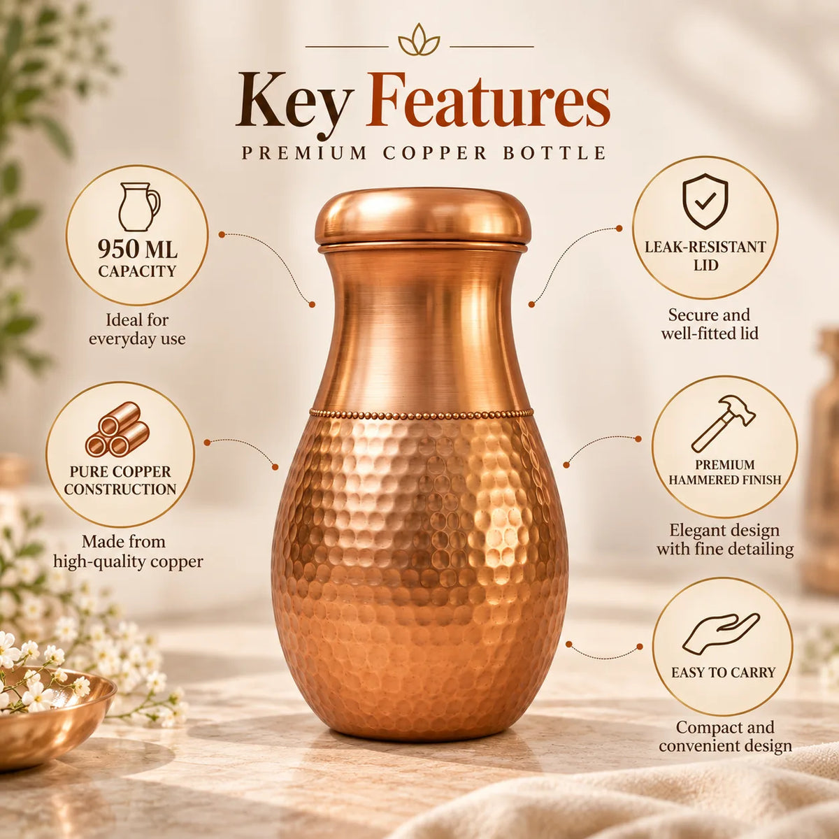 Tamtaware Handcrafted Pure Copper Water Bottle 950 ml – Half Hammered Surai Bottle