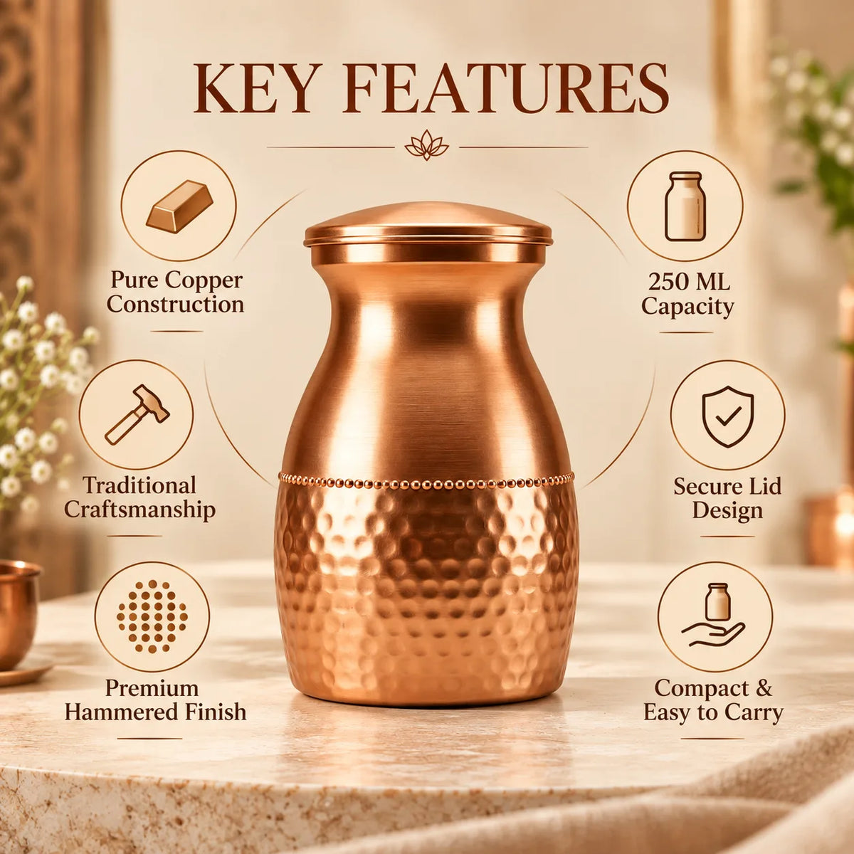 Tamtaware Compact Pure Copper Water Bottle 400 ml – Half Hammered Surai Bottle