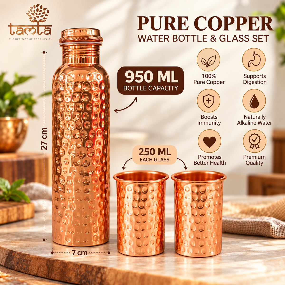 Tamtaware Pure Copper Water Bottle & Glass Set (950 ml Hammered Bottle + 2x 250 ml Hammered Glasses)