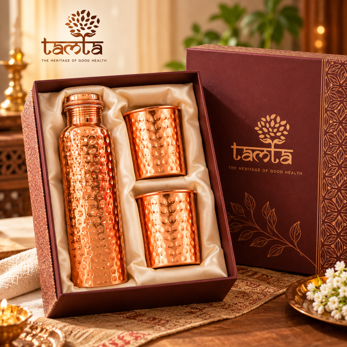 Tamtaware Pure Copper Water Bottle & Glass Set (950 ml Hammered Bottle + 2x 250 ml Hammered Glasses)
