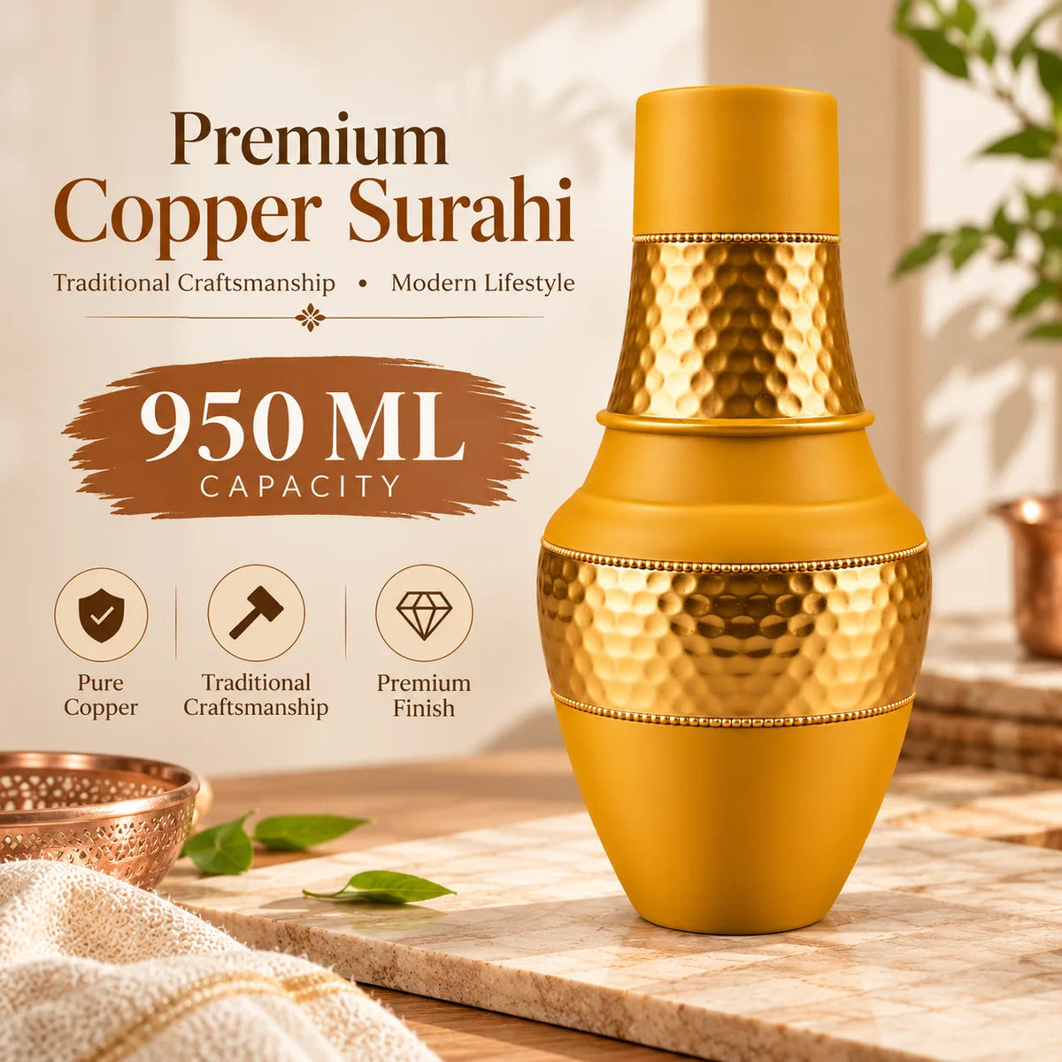 Tamtaware SURAI Designer Copper Bottle 950 ml with Glass Lid (Mustard Yellow)