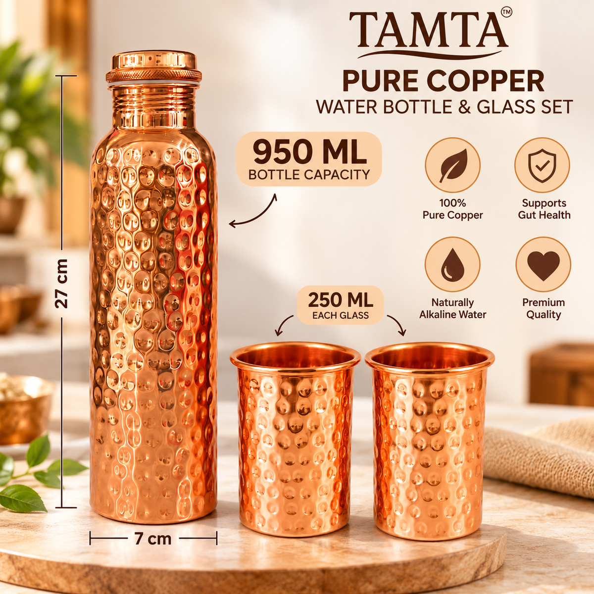 Tamtaware Pure Copper Water Bottle & Glass Set (950 ml Hammered Bottle + 2x 250 ml Hammered Glasses)