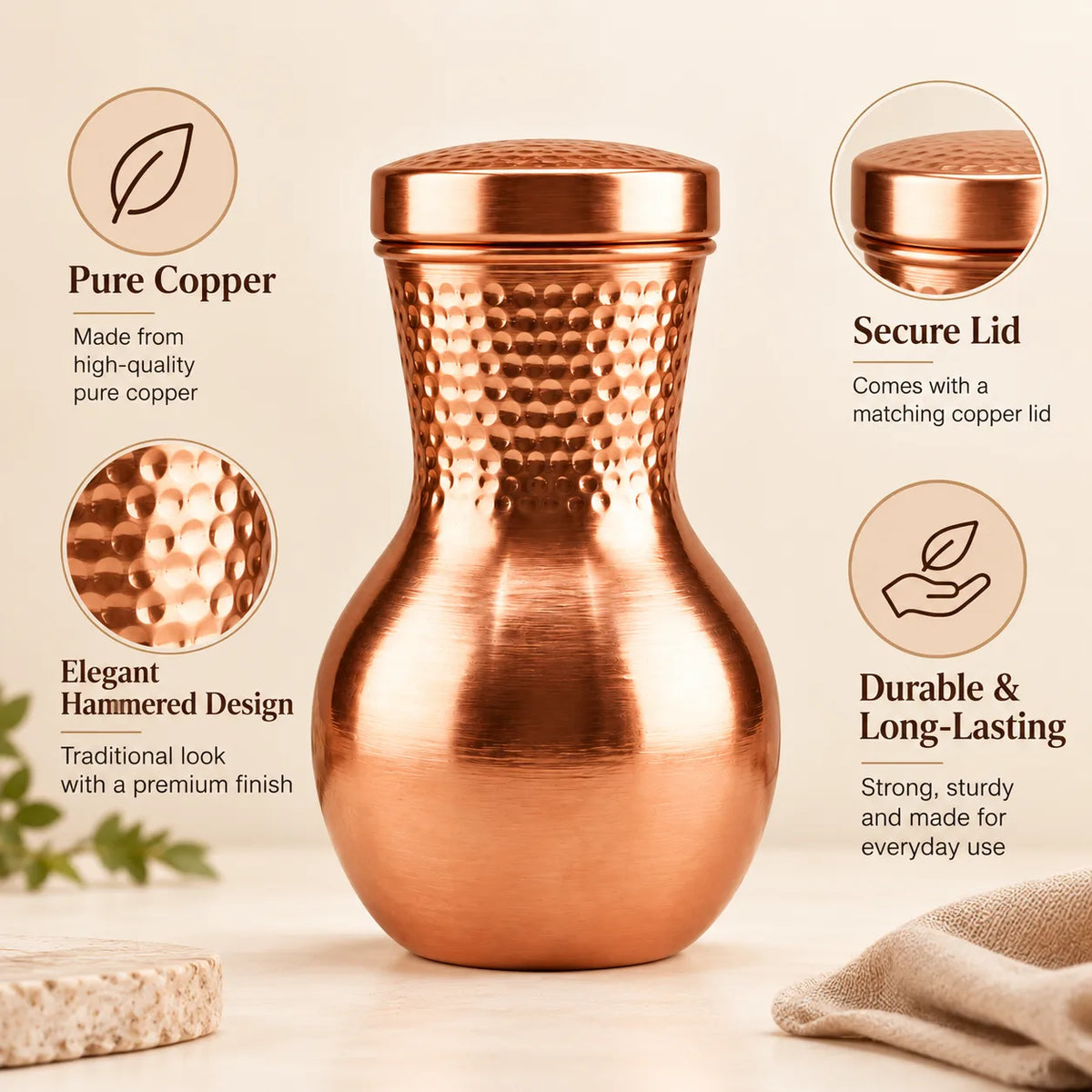 Tamtaware Pure Copper Water Pot Carafe (950 ml) – Matte Finish with Hammered Neck