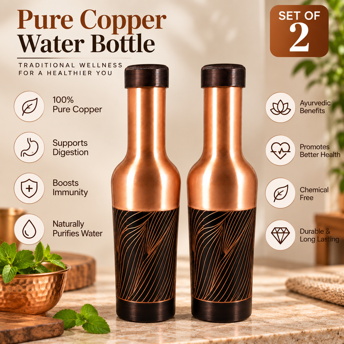 Tamtaware Handcrafted Pure Copper Water Bottle 1000 ml – 1 Litre Long Neck Etched Flask Set of 2