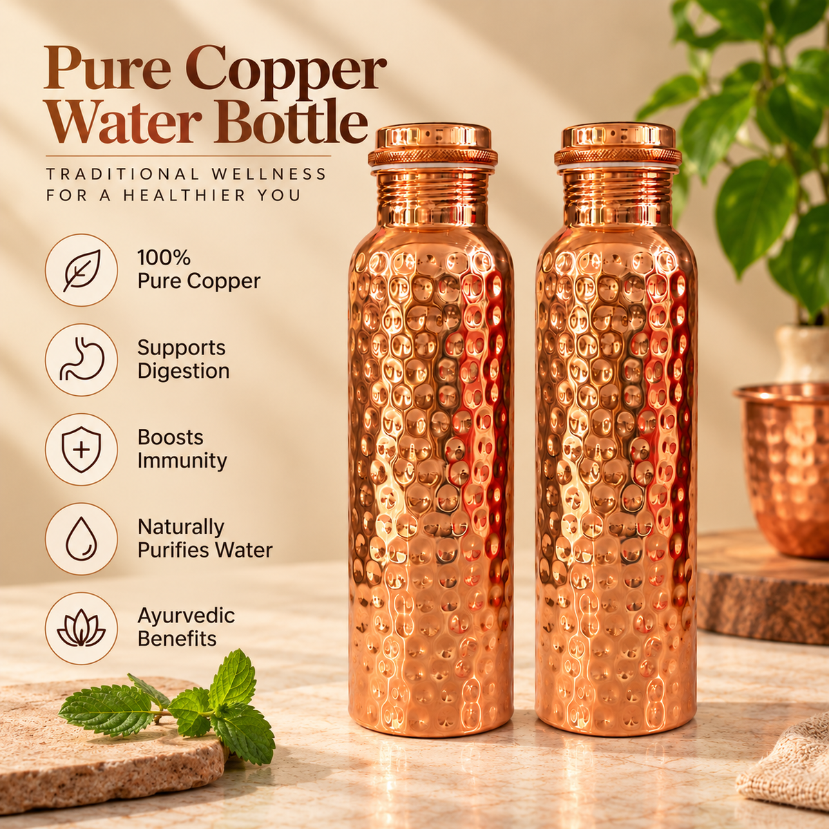 Tamtaware Handcrafted Pure Copper Water Bottle 950 ml – Full Hammered Ayurvedic Flask Set of 2
