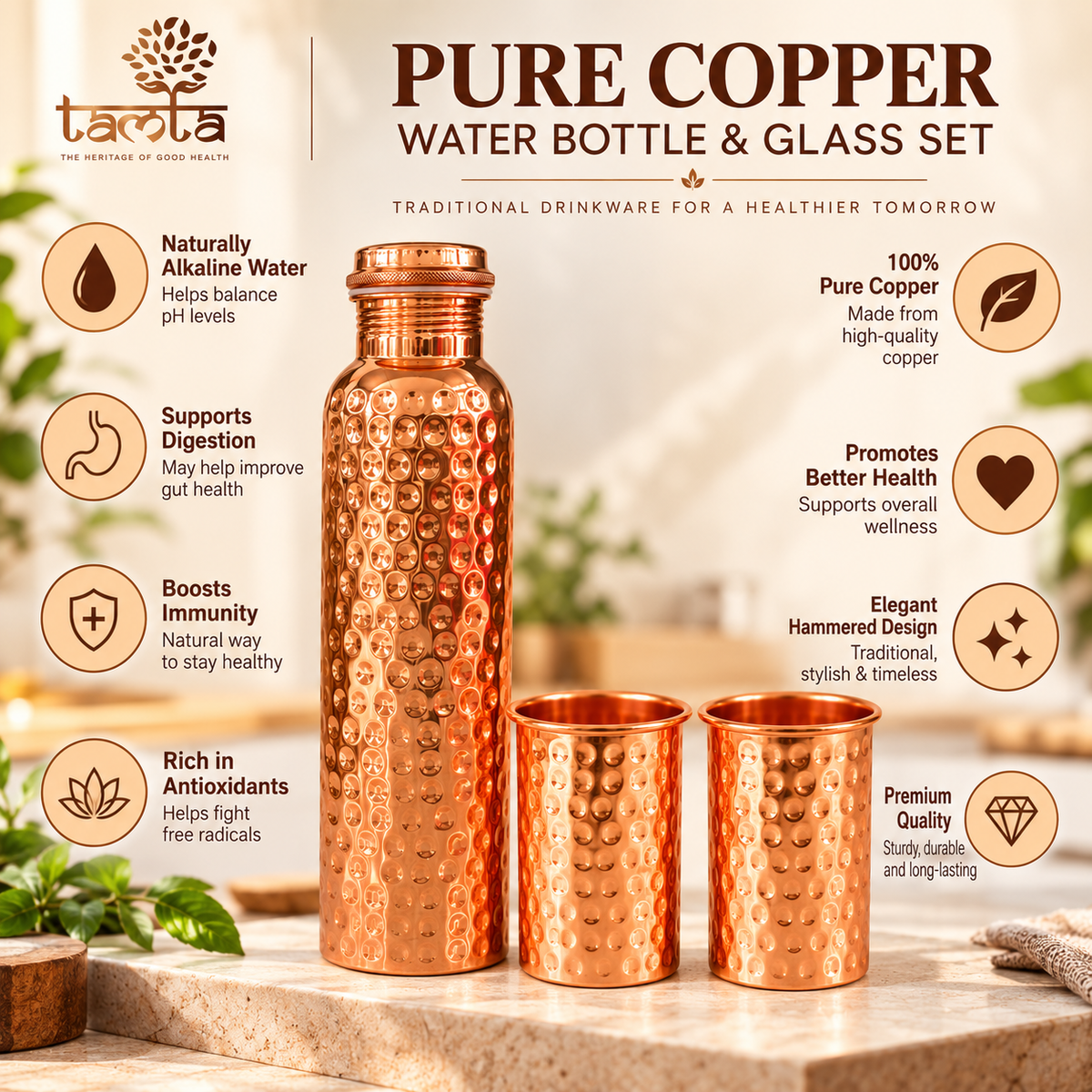 Tamtaware Pure Copper Water Bottle & Glass Set (950 ml Hammered Bottle + 2x 250 ml Hammered Glasses)