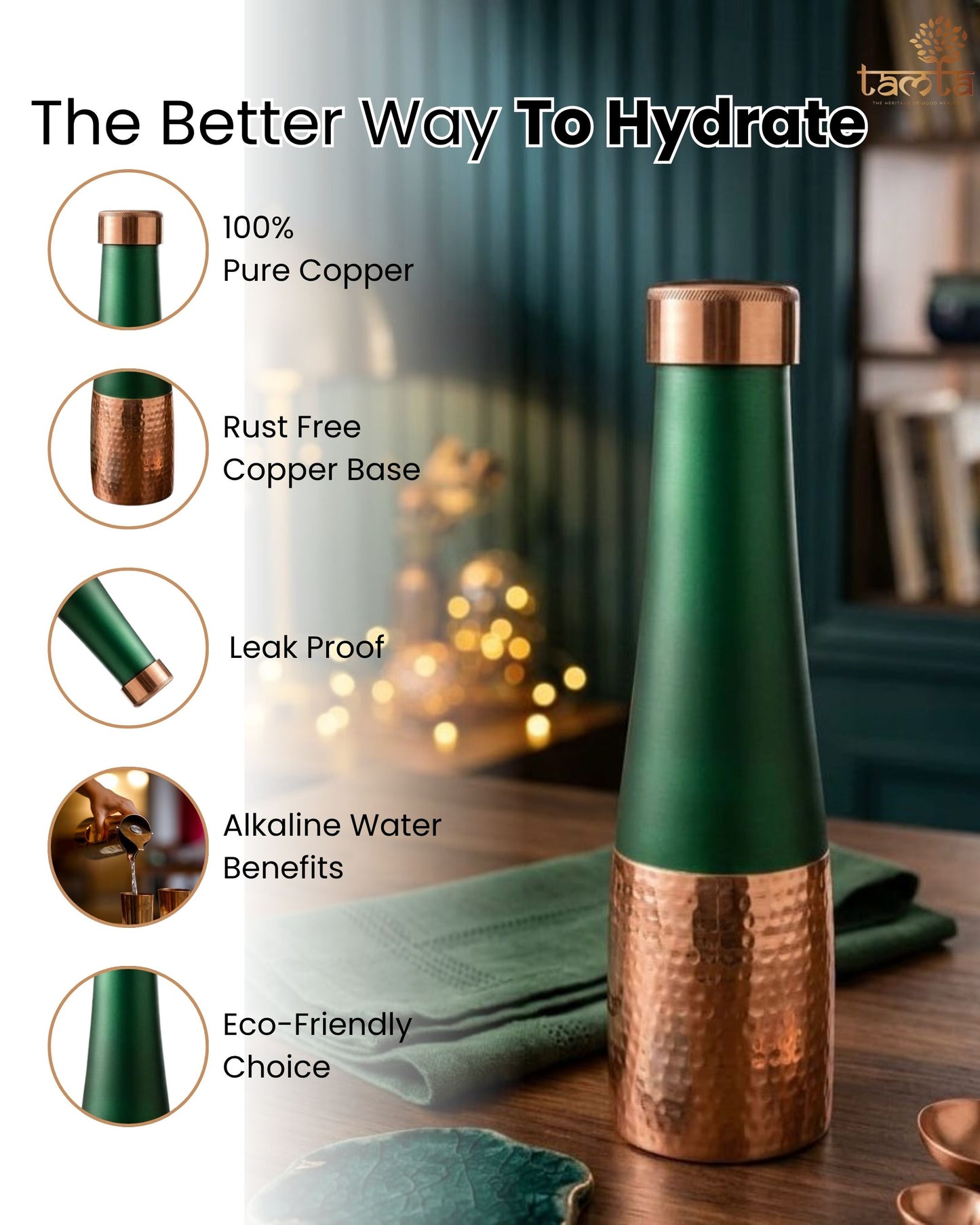 TIVRA Silk Copper Bottle Half-Hammered Green Edition T004 - 950 ml संस्कार