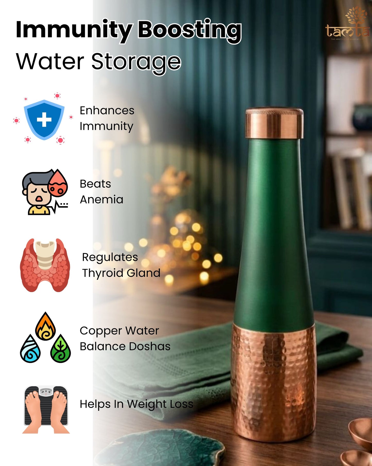 TIVRA Silk Copper Bottle Half-Hammered Green Edition T004 - 950 ml संस्कार