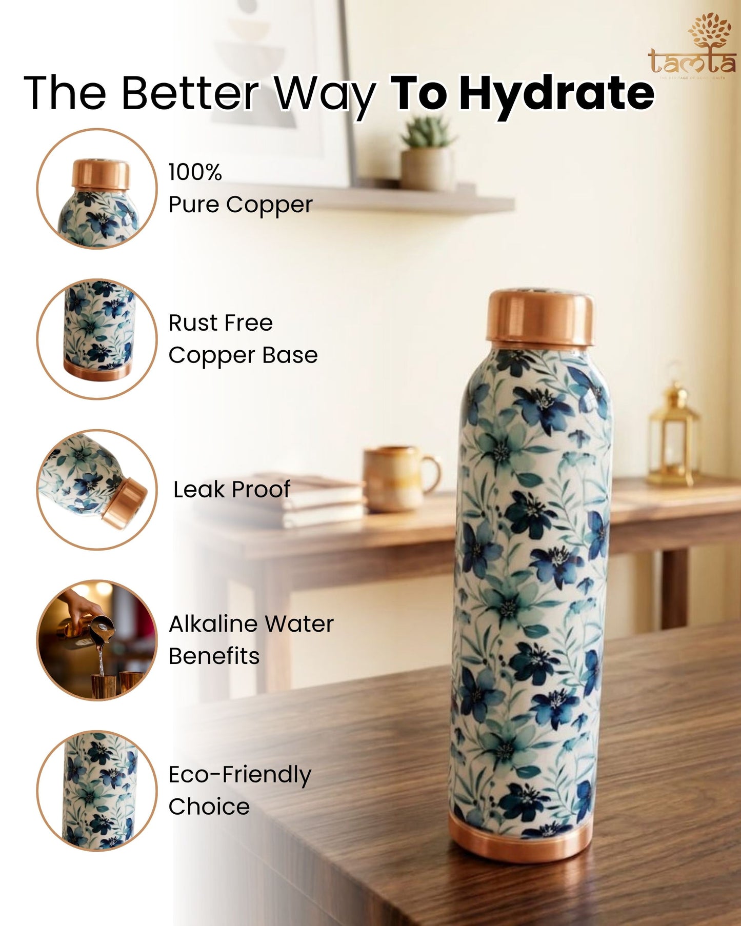 TIVRA T025 Meena Floral Copper Bottle 950 ml - आरोग्य