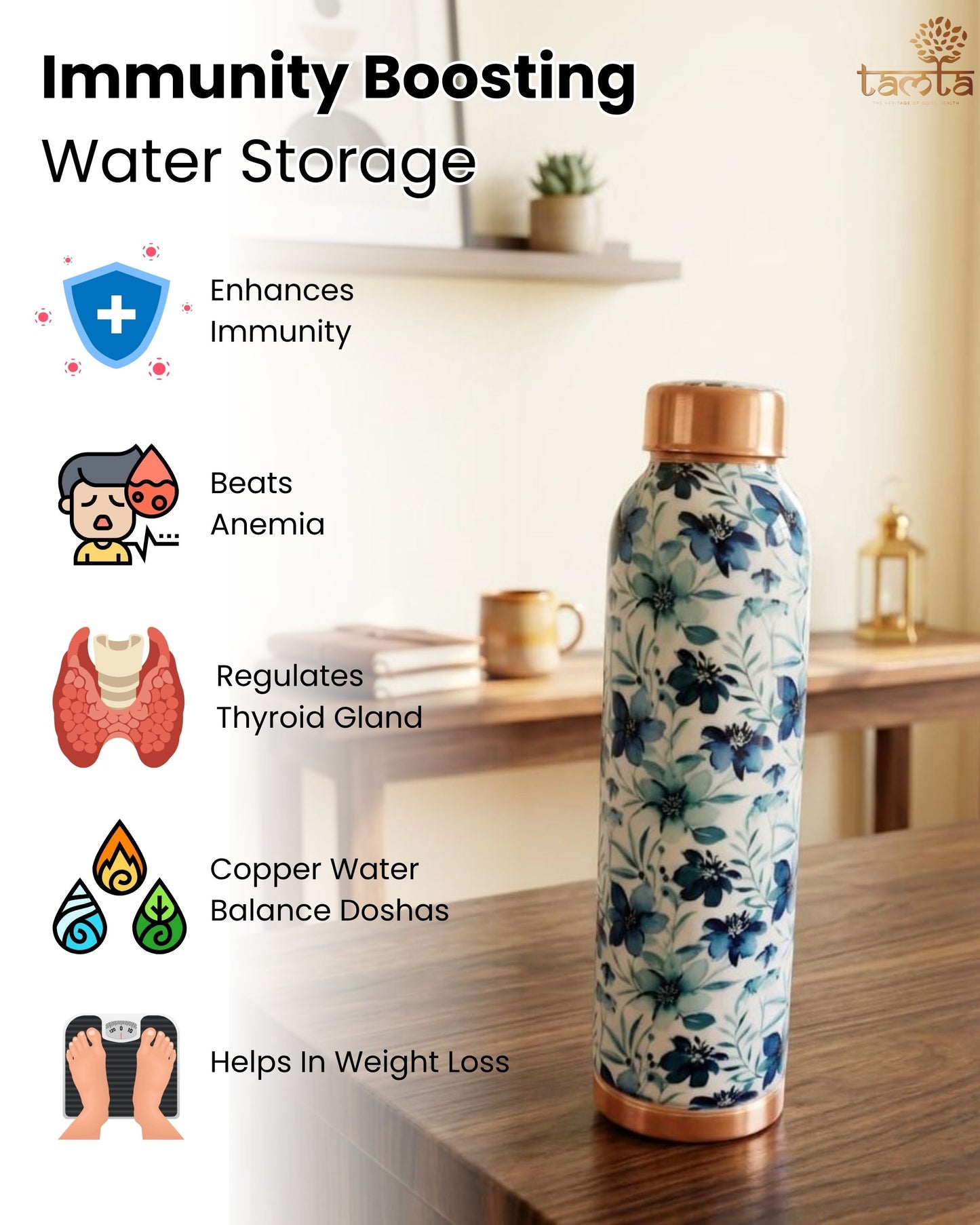 TIVRA T025 Meena Floral Copper Bottle 950 ml - आरोग्य