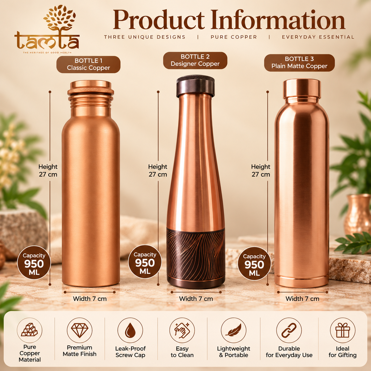 Tamtaware Premium Pure Copper Water Bottle Combo (Set of 3, 950 ml Each) – Classic, Designer & Plain Matte