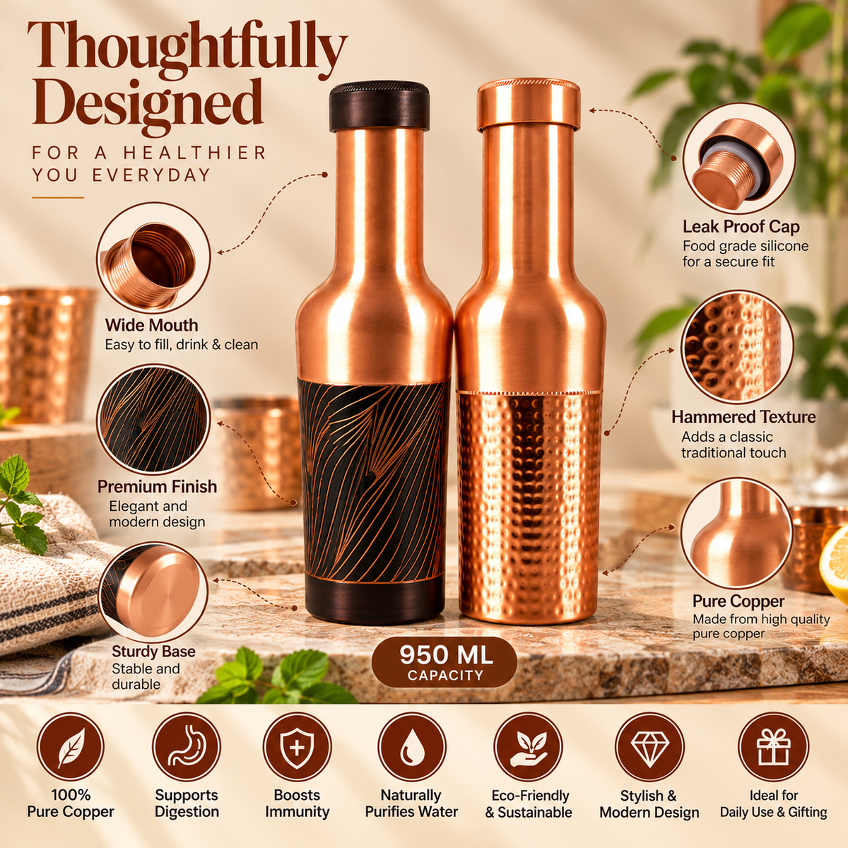 Tamtaware Premium Pure Copper Water Bottle Combo (Set of 2, 950 ml Each) – Half-Hammered & Etched Designer
