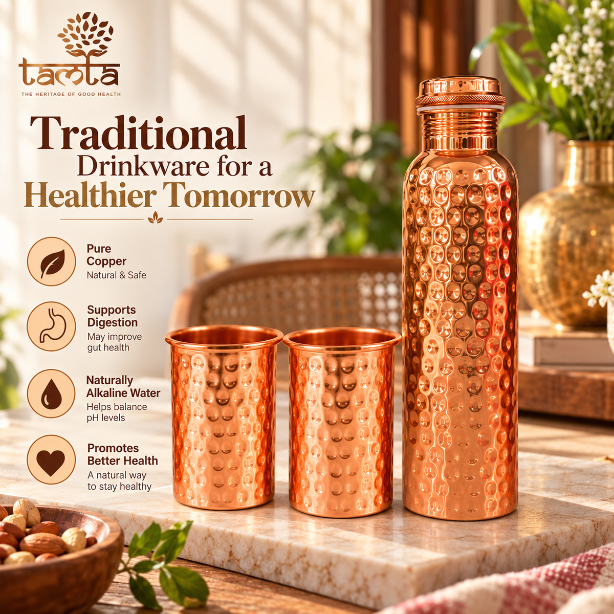 Tamtaware Pure Copper Water Bottle & Glass Set (950 ml Hammered Bottle + 2x 250 ml Hammered Glasses)
