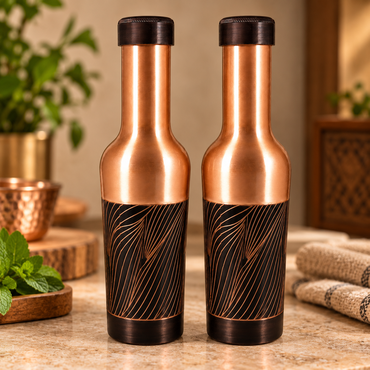 Tamtaware Handcrafted Pure Copper Water Bottle 1000 ml – 1 Litre Long Neck Etched Flask Set of 2