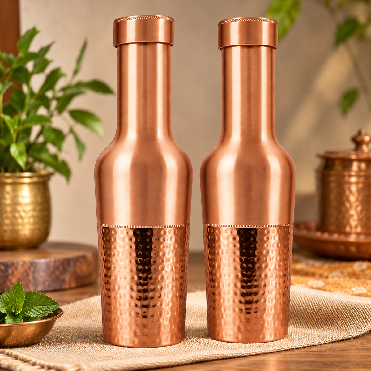 Tamtaware Crafted Pure Copper Bottle (950 ml) – Half Hammered Long Neck Set of 2