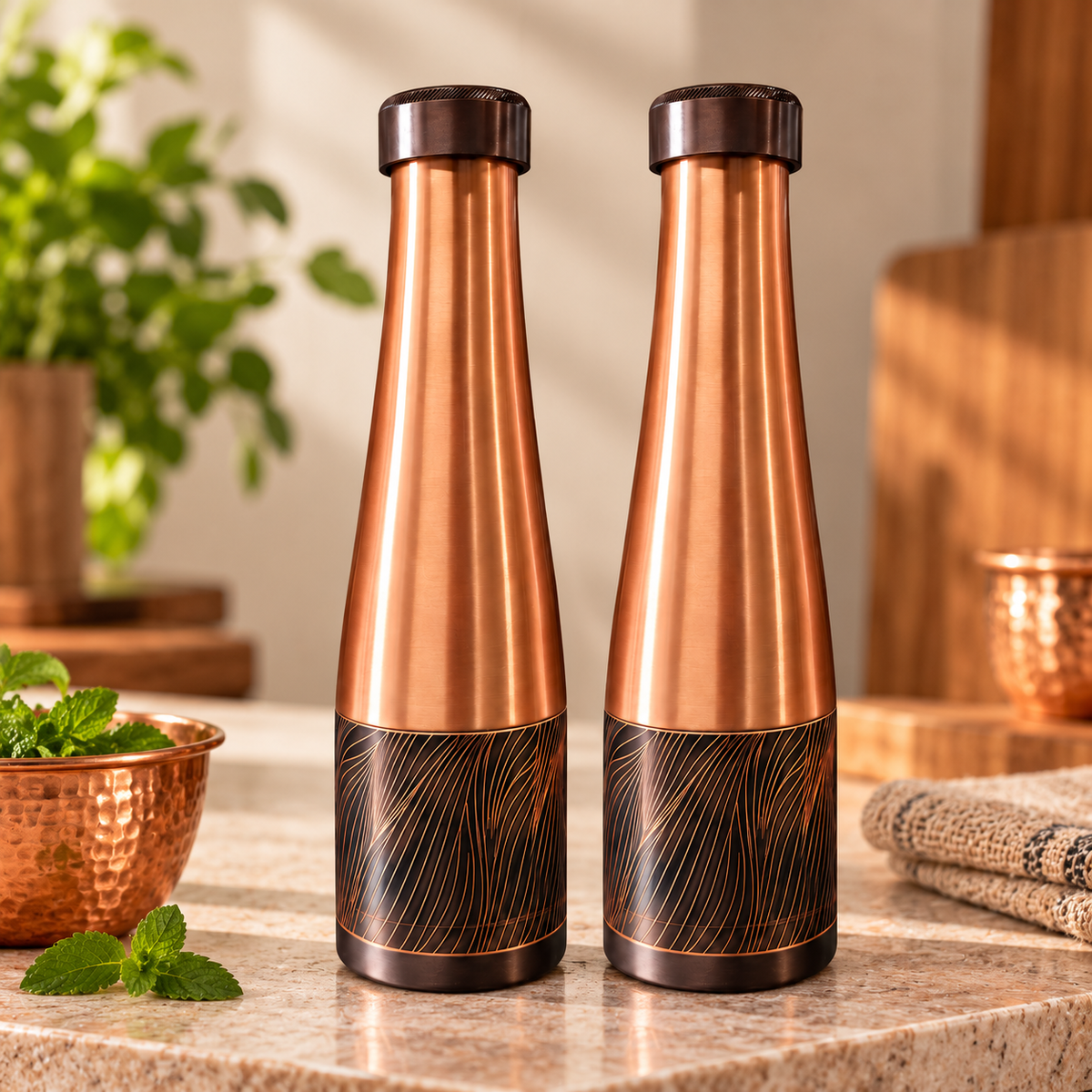 Tamtaware Handcrafted Pure Copper Water Bottle 950 ml – Sleek Glossy Tapered Bottle Set of 2