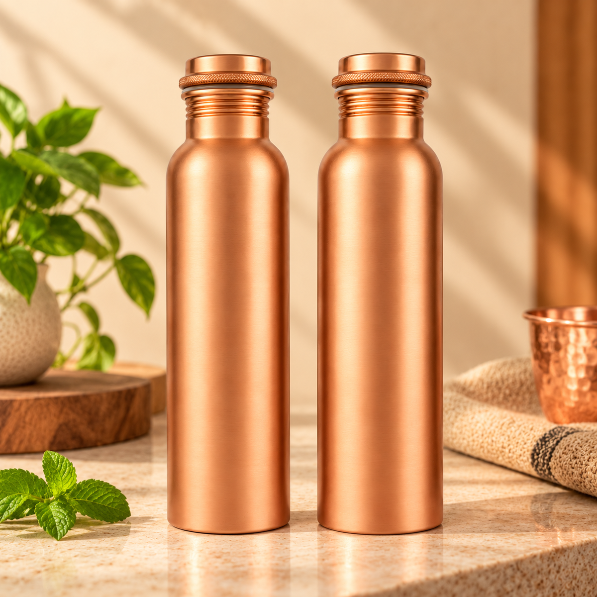 Tamtaware Handcrafted Pure Copper Water Bottle 950 ml – Brushed Satin Matte Bottle Set of 2