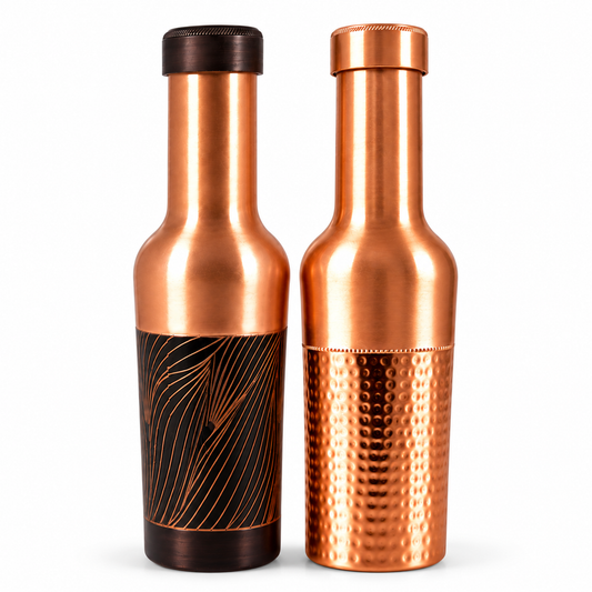 Tamtaware Premium Pure Copper Water Bottle Combo (Set of 2, 950 ml Each) – Half-Hammered & Etched Designer