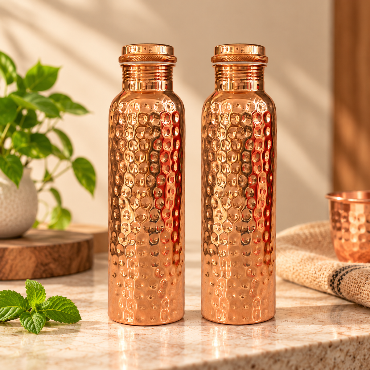 Tamtaware Handcrafted Pure Copper Water Bottle 950 ml – Full Hammered Ayurvedic Flask Set of 2