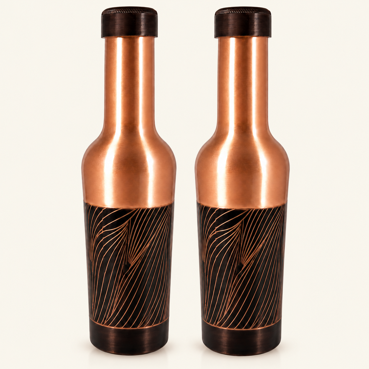Tamtaware Handcrafted Pure Copper Water Bottle 1000 ml – 1 Litre Long Neck Etched Flask Set of 2