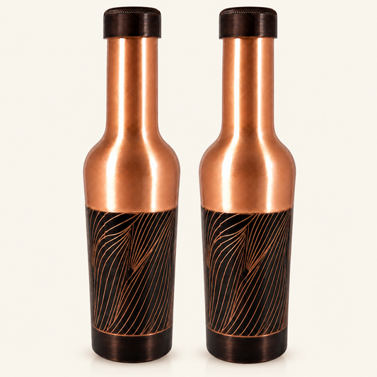 Tamtaware Handcrafted Pure Copper Water Bottle 1000 ml – 1 Litre Long Neck Etched Flask Set of 2