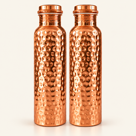 Tamtaware Handcrafted Pure Copper Water Bottle 950 ml – Full Hammered Ayurvedic Flask Set of 2