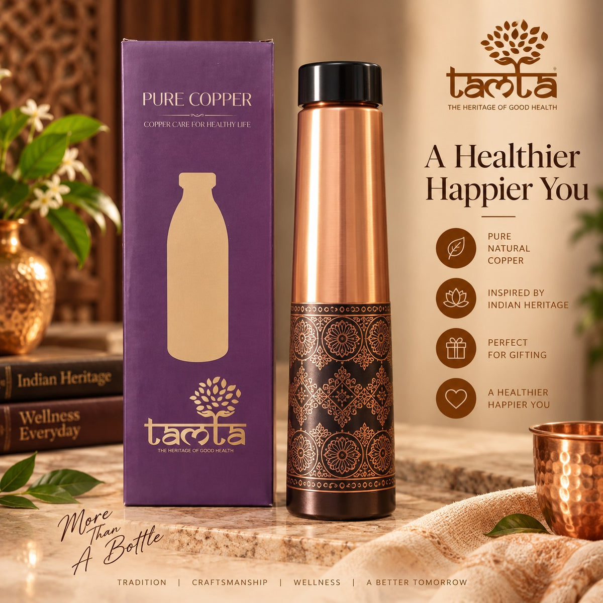 Tamtaware Handcrafted Pure Copper Water Bottle 900 ml – Antique Etched Pattern